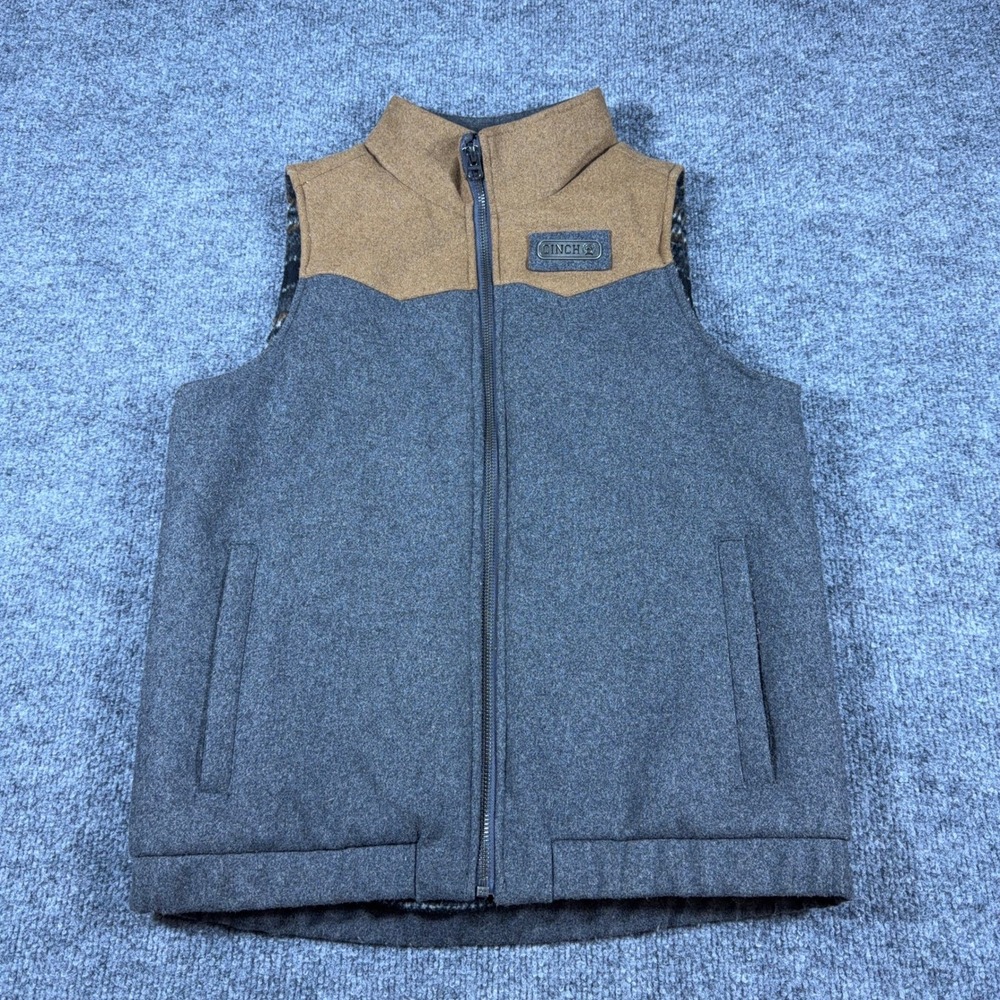 Cinch Wool Blend Western‎ Vest Gray Tan Youth Large Full Zip Outerwear
